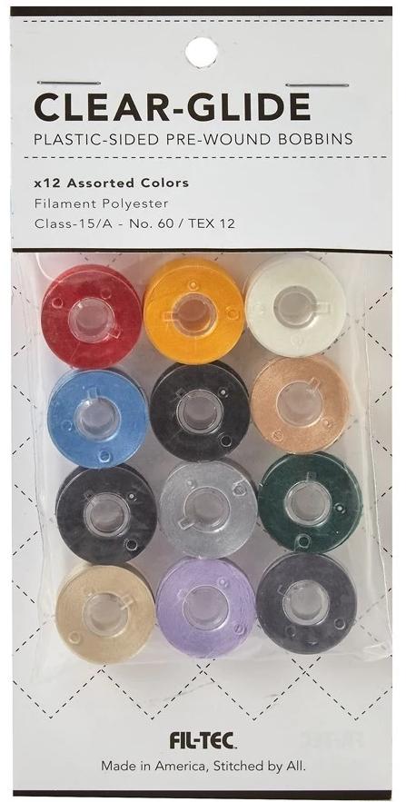 Clear-Glide Plastic Sided Embroidery Bobbins - 12 Assorted Colors Class 15
