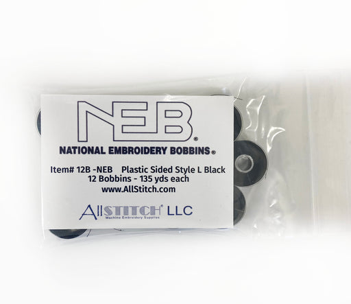 NEB Machine Embroidery Bobbins Style L - BLACK 12 Bobbin Pack