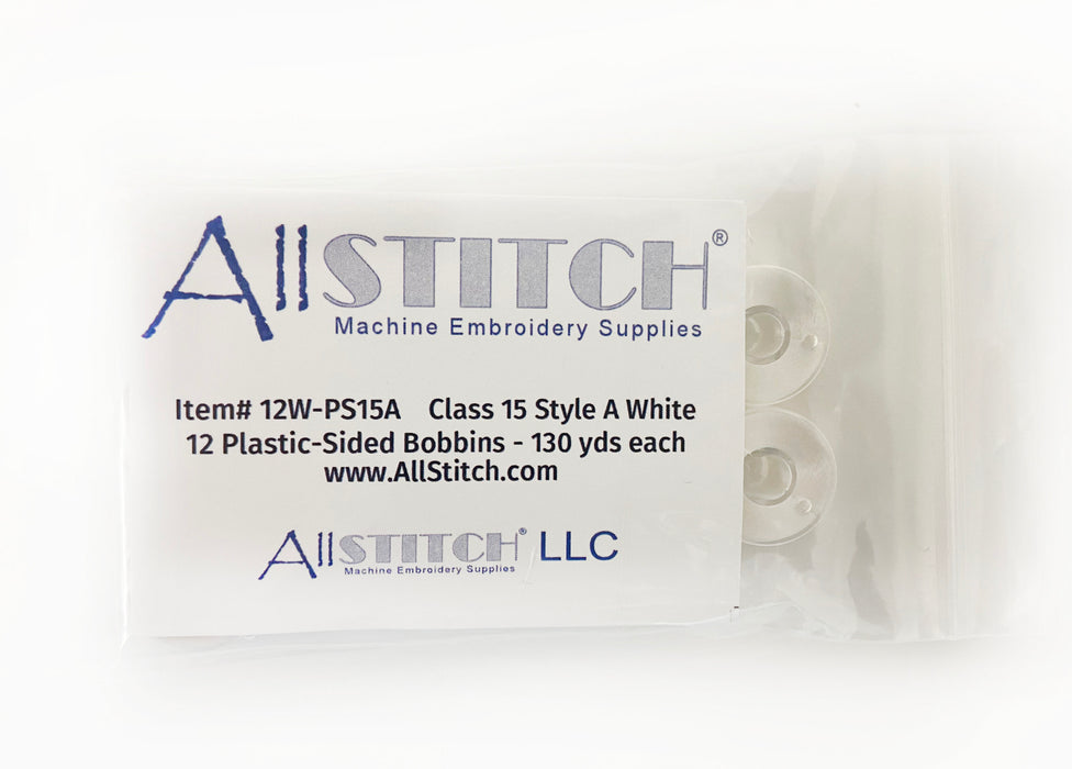 AllStitch Embroidery Bobbins -1 Dozen Plastic Sided Style A/Class 15 White  - 12 Pack