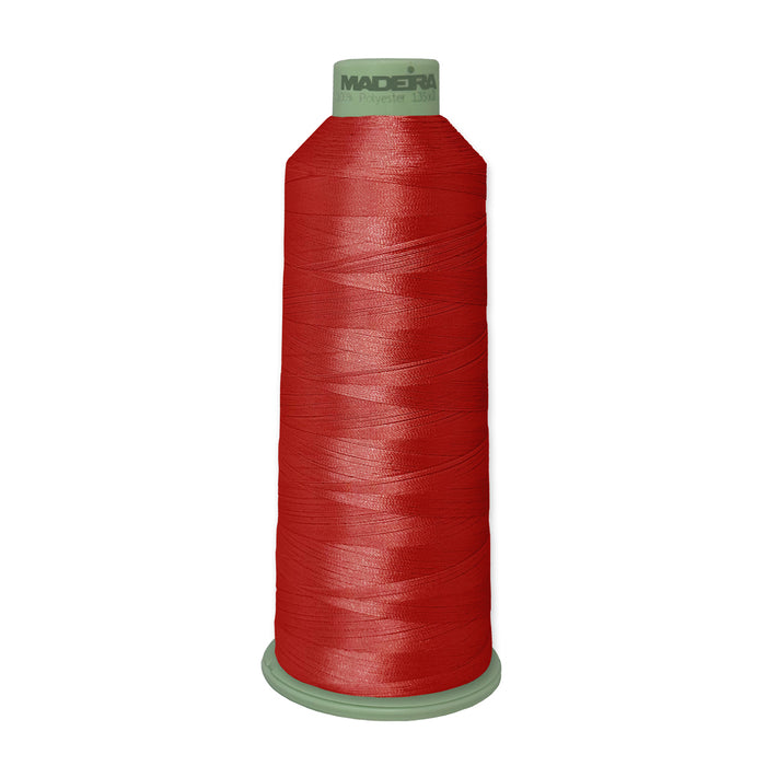 Madeira Polyneon Green #40 embroidery thread cone, 5,500 yards, color 1637, premium polyester thread for vibrant, durable, colorfast machine embroidery.