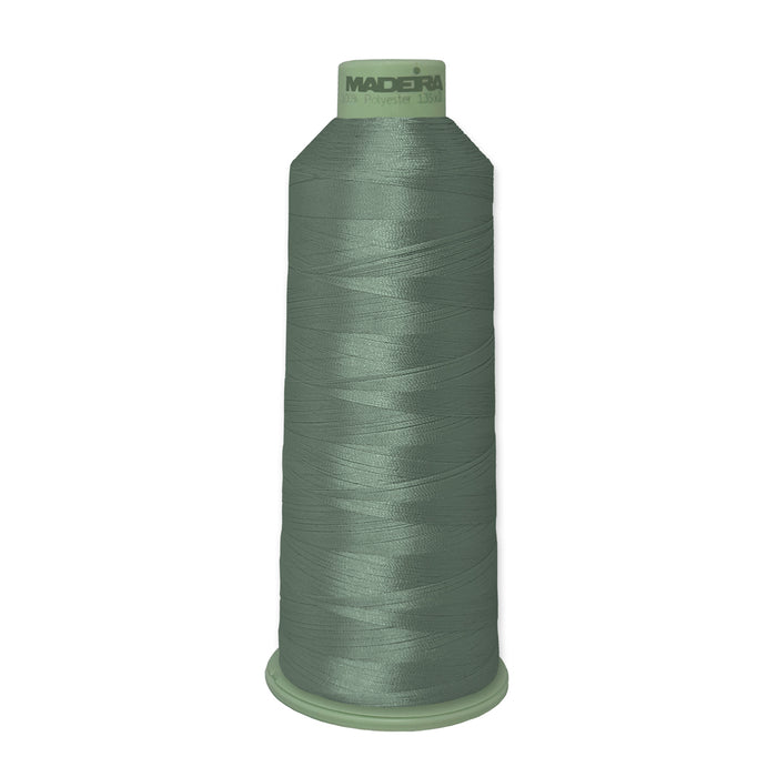 Madeira Polyneon Green #40 embroidery thread cone, 5,500 yards, color 1668, premium polyester thread for vibrant, durable, colorfast machine embroidery.