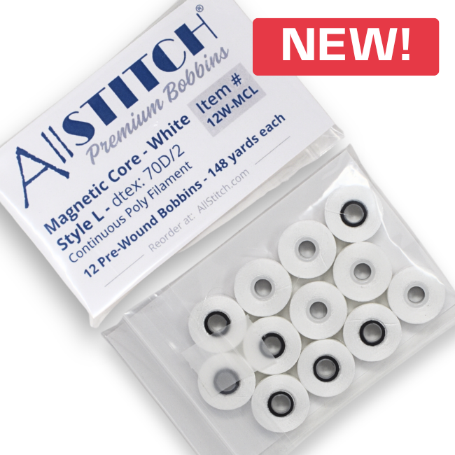 AllStitch Sideless Magnetic Core Machine Embroidery Bobbins - Style L - White - 12 Bobbins - 148 yds/Bobbin