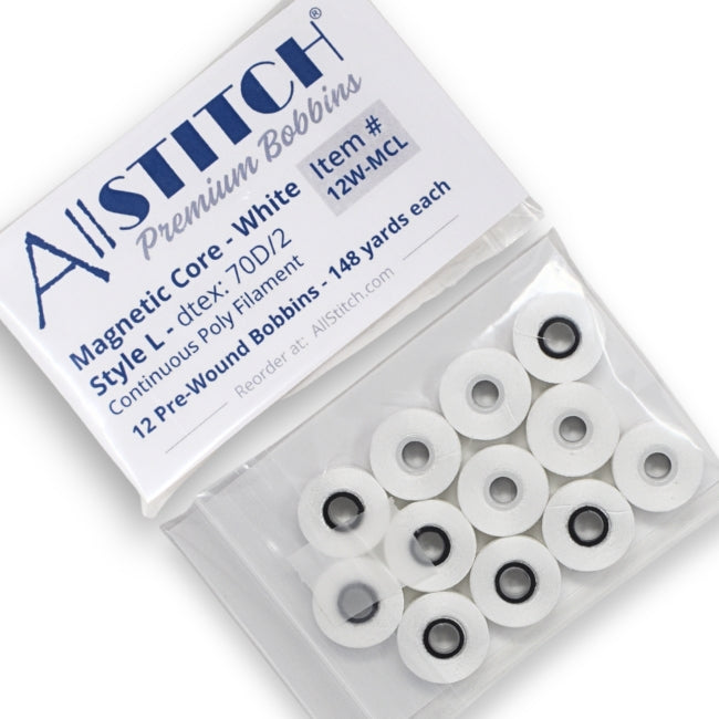 AllStitch Sideless Magnetic Core Machine Embroidery Bobbins - Style L - White - 12 Bobbins - 148 yds/Bobbin
