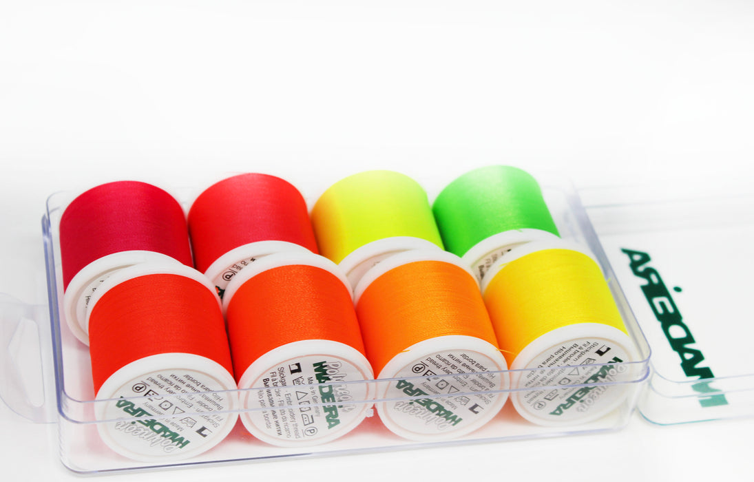Madeira Polyneon 40 Machine Embroidery Thread | 8 x 440 Yards | Small Clear Acrylic Case | Neon | Assortment| 8018