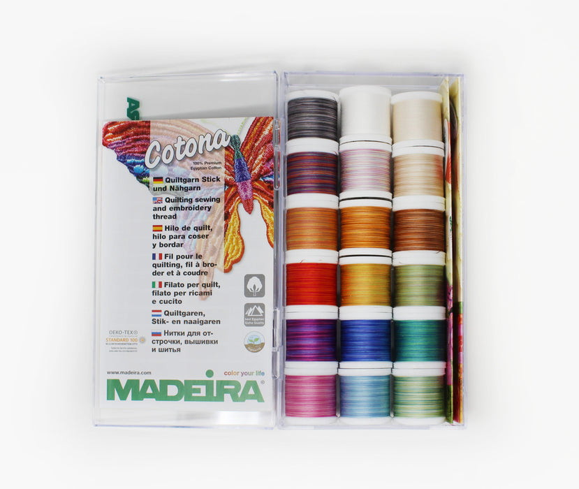 Madeira Cotona 50 Cotton Machine Quilting-Embroidery Thread | 18 x 220 Yards | Medium Clear Acrylic Case | Variegated | Assortment | 8035