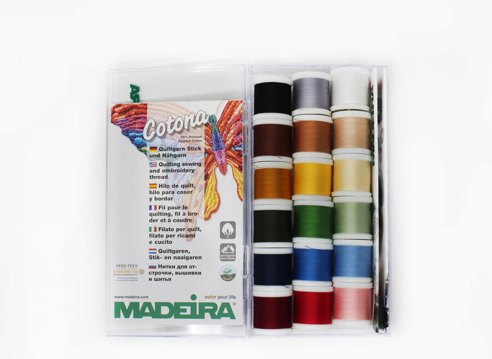 Madeira Cotona 30 Cotton Machine Quilting-Embroidery Thread | 18 x 220 Yards | Medium Clear Acrylic Case | Assortment | 8030