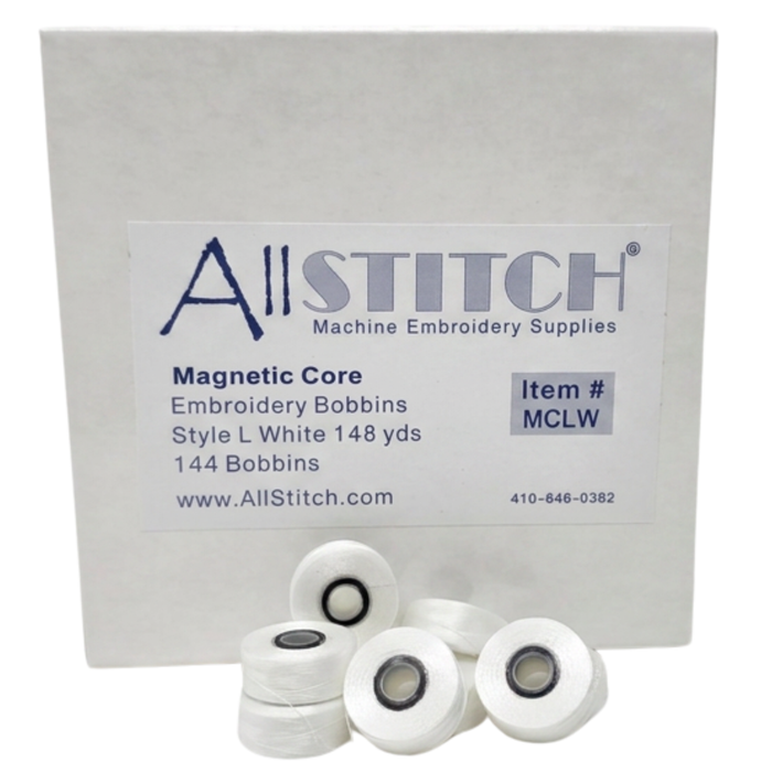 AllStitch Sideless Magnetic Core Machine Embroidery Bobbins - Style L - White - 100 Bobbins - 135 yds/Bobbin