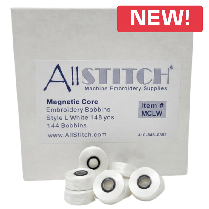 AllStitch Sideless Magnetic Core Machine Embroidery Bobbins - Style L - White - 100 Bobbins - 135 yds/Bobbin