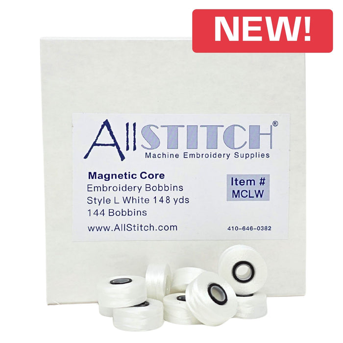 AllStitch Sideless Magnetic Core Machine Embroidery Bobbins - Style L - White - 144 Bobbins - 135 yds/Bobbin