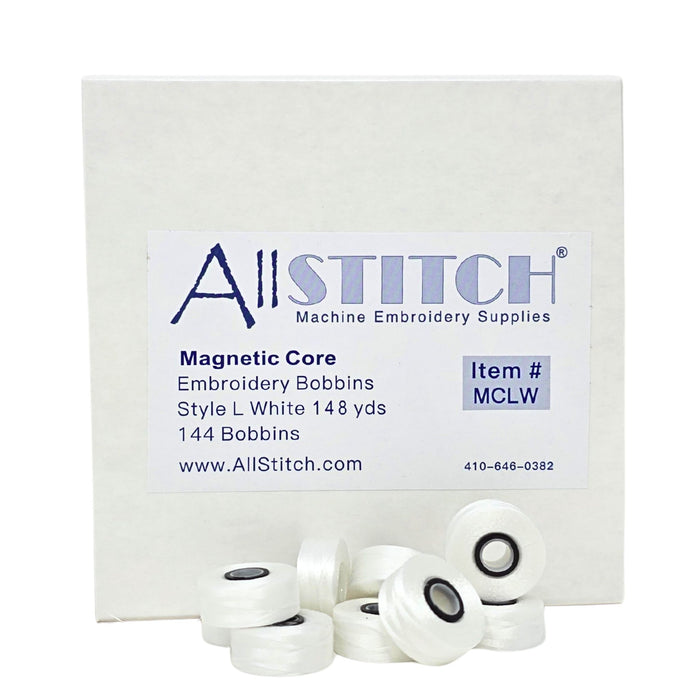 AllStitch Sideless Magnetic Core Machine Embroidery Bobbins - Style L - White - 144 Bobbins - 135 yds/Bobbin