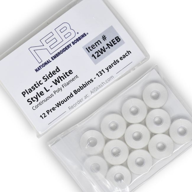 12 Bobbins - NEB Plastic Sided Machine Embroidery Bobbins Size L - White